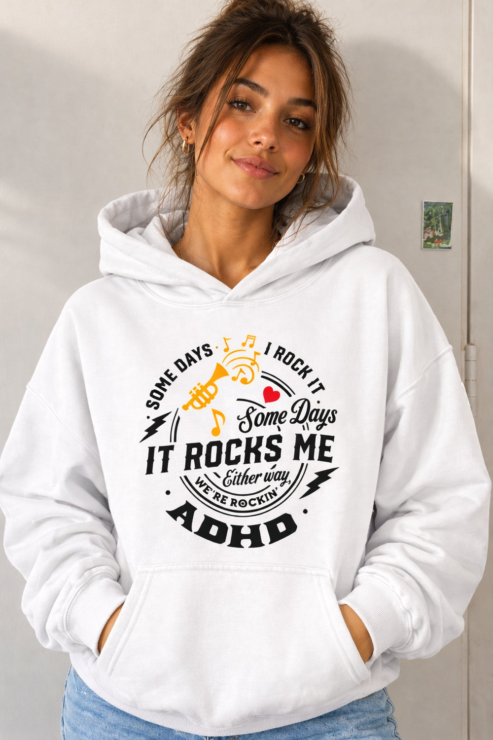 Somedays I Rock It Somedays It Rocks Me ADHD awareness hoodie.  White